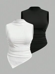 Firerie 2 Pcs/Set Plus Size Women's Sleeveless Tank Tops With Pleated Collar And Square Hem For Spring/Summer Outfits