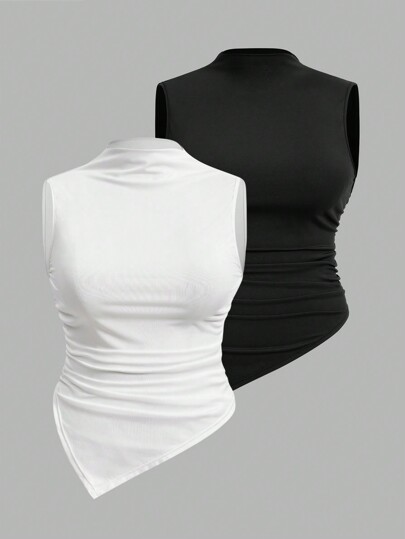 Firerie 2 Pcs/Set Plus Size Women's Sleeveless Tank Tops With Pleated Collar And Square Hem For Spring/Summer Outfits