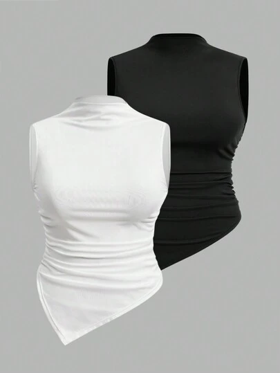 Firerie 大尺碼女士帶褶皺領口和方形下擺的無袖背心上衣,適用於春夏外出服裝