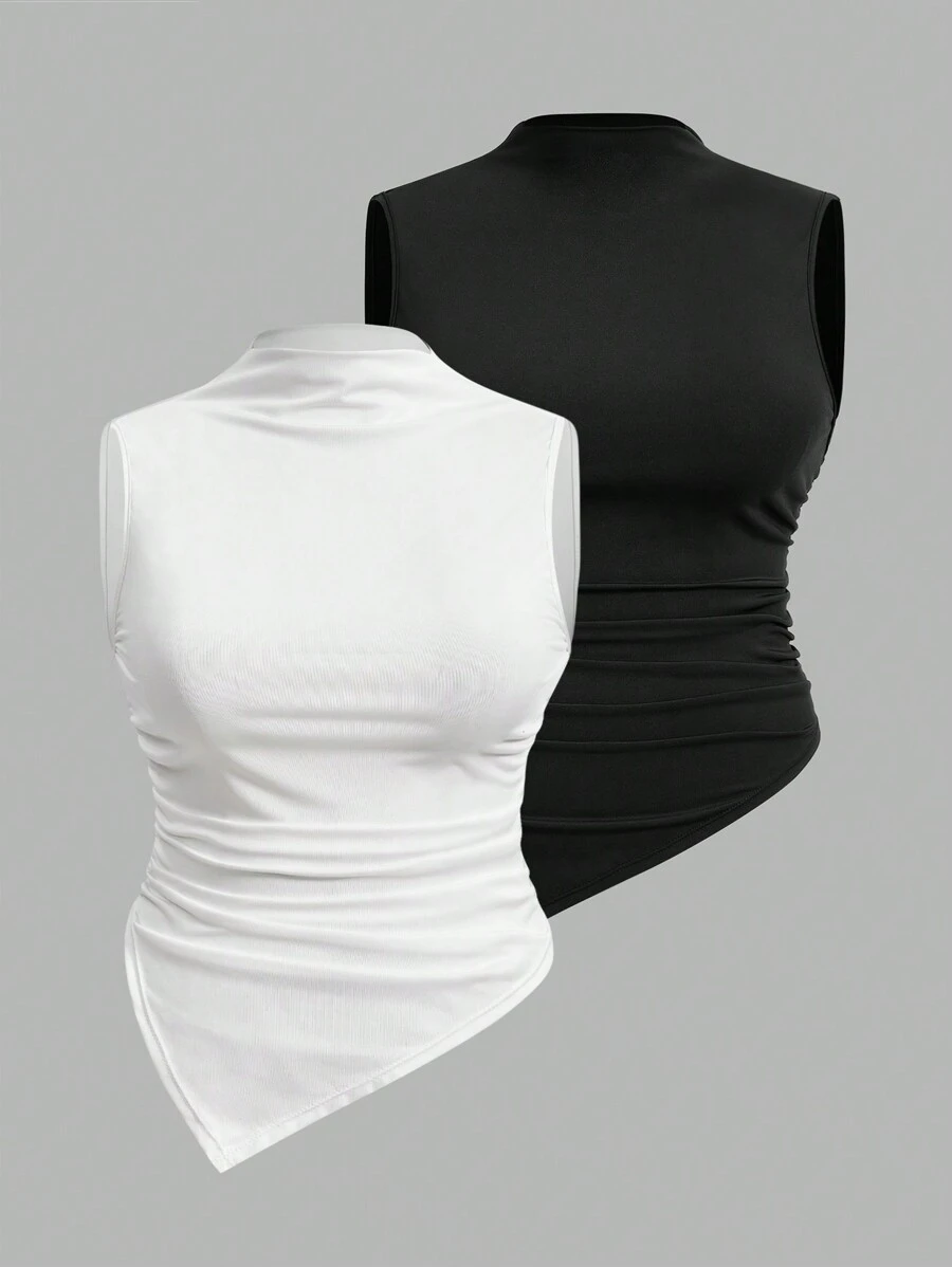 Firerie 2 Pcs/Set Plus Size Women's Sleeveless Tank Tops With Pleated Collar And Square Hem For Spring/Summer Outfits