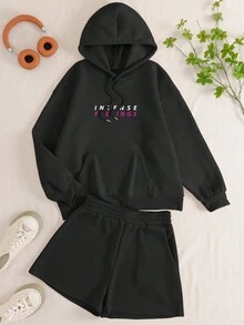 SHEIN EZwear Women'S Letter Print Hooded Sweatshirt Shorts Two-Piece Set - Black - View 3