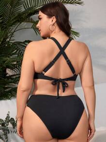 SHEIN Swim Curve Plus Size Solid Color Bikini Set Suit Summer Beach - Black - View 2
