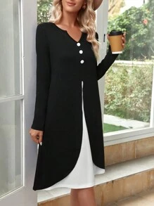 EMERY ROSE Women'S Contrast Color Long Sleeve Dress - Black and White - View 3