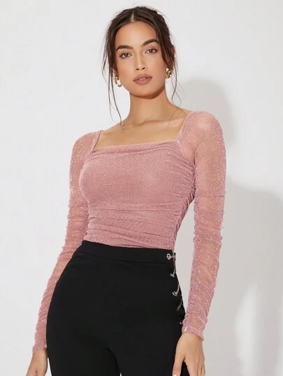 Firerie Krage Veckade Glitter Nät Topp