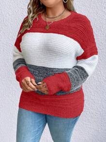 SHEIN LUNE Plus Size Contrasting Drop Shoulder Sweater Knit Pullover Fall Winter - Red - View 4