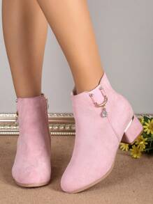 Women's Fashionable And Elegant Short Boots With Middle/Chunky Heels, Suede Material, Rhinestone Pendant, Side Zipper Closure, Pink Color