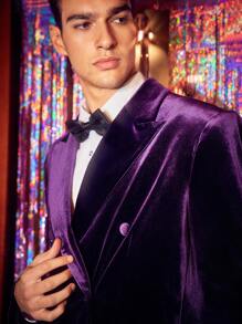 Business Casual Conjunto De Traje Holgado De Terciopelo Para Hombre Con Solapa De Pico, Cierre De Doble Botón Y Pantalón - Morado - Ver 4