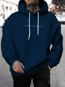 Manfinity Homme 男士宽松字母印花连帽卫衣，男士海军蓝连帽衫，深蓝色连帽衫，男士连帽衫 - 藏蓝色 - 查看 1
