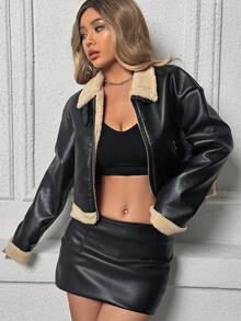 SHEIN Unity Hai tông màu Lót Teddy chất liệu da PU Quần skinny Áo khoác - màu đen - Xem 6