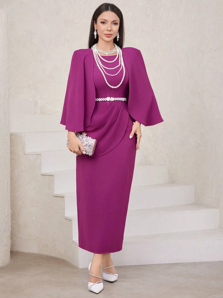 Modelyn Women'S Solid Color Patchwork Cape Dress - Red Violet - View 3