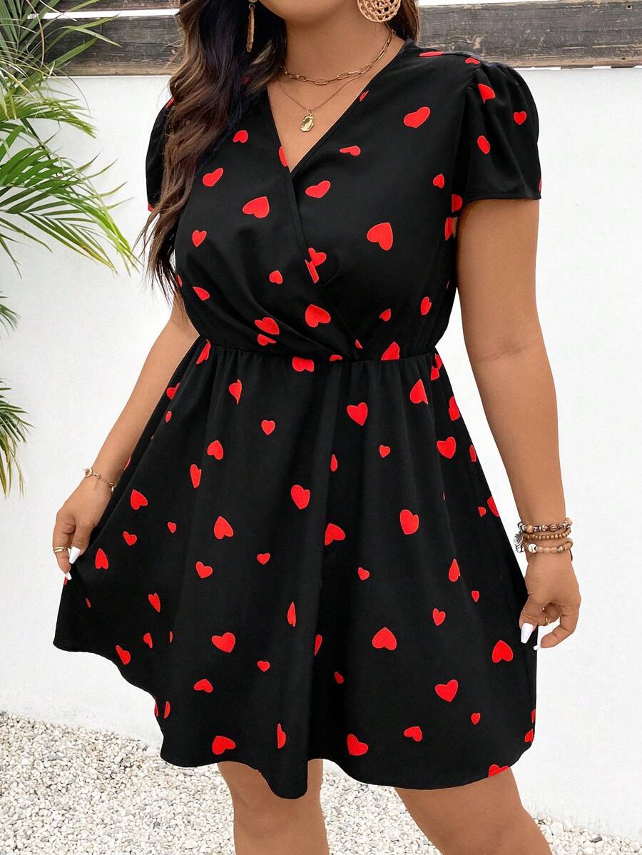 SHEIN Frenchy Plus Size Women's Boho A Line Wrap Style Love Print Short Sleeve Dress, For Summer