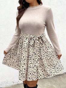 SHEIN Frenchy 大尺碼花卉拼布束腰連身裙 - 杏色 - 查看 5