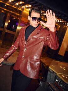 AKNOTIC Business Casual Men's Loose Fit Pu Leather Lapel Collar Blazer - Rust Brown - View 2