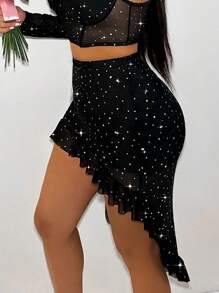 VaVaBold 前短後長閃亮網紗裙 - 黑色 - 查看 3