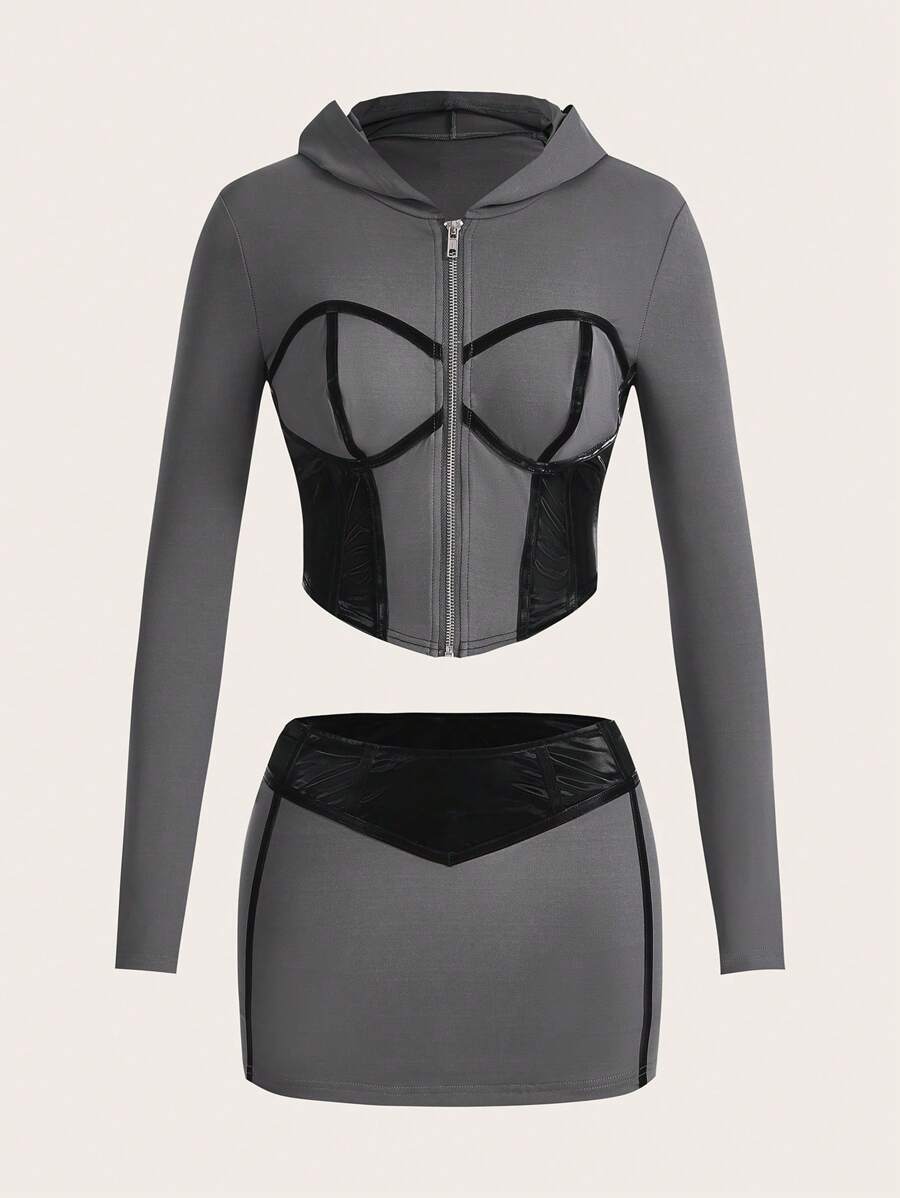 SHEIN ICON Contrast Color Hooded Slim Fit T-Shirt And Skirt Suit - Grey - View 1