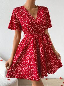 SHEIN Privé 全身心形印花洋裝 - 酒紅色 - 查看 3