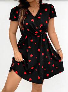SHEIN Frenchy Plus Size Women's Boho A Line Wrap Style Love Print Short Sleeve Dress, For Summer