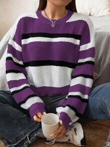 Flirla 大尺碼女款短條紋毛衣 - 紫色 - 查看 6
