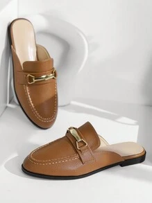 Comfortable Loafers With Metal Buckle And Half-Toe Cap, Easy Slip-On Leather Shoes - Brown - View 3