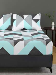 3 件套床笠套装，90 克超细纤维，几何线条图案，1 件床笠 + 2 个枕套 - 水鴨藍 - 查看 2