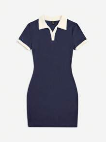 SHEIN EZwear 對比領口鈕扣緊身針織連衣裙 - 藏蓝色 - 查看 5