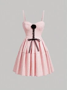 SHEIN MOD Three-Dimensional Flower Cross Strap Jacquard Cami Dress - Pink - View 1