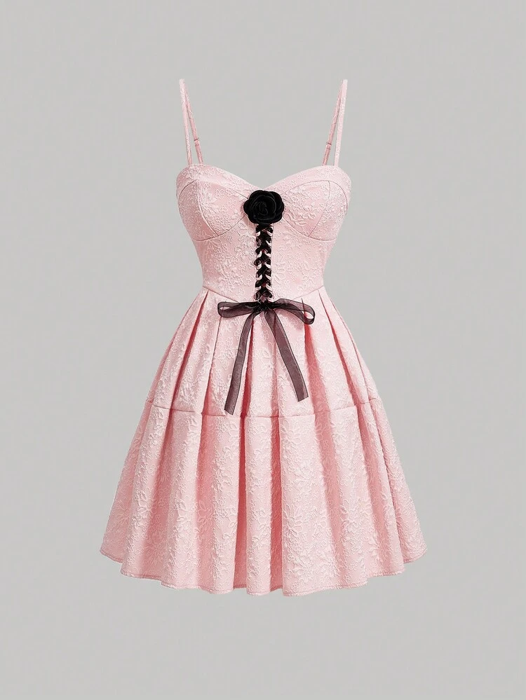Three-Dimensional Flower Cross Strap Jacquard Cami Dress