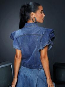 SHEIN BAE Của phụ nữ Tay áo xù Áo khoác denim - Màu xanh lam - Xem 3