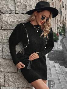 Knit Mix Beaded Puff Sleeve Crew Neck Sweater Dress - Black - View 4