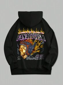 ROMWE MEN Street Life Men's Letter & Skull Printed Hooded Casual Fashionable Sweatshirt - Black - View 1