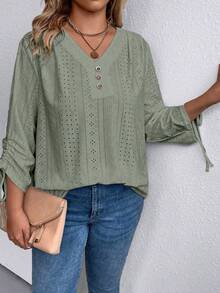 SHEIN LUNE 大尺寸鏤空刺繡t卹 - 綠色 - 查看 5