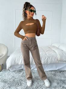 SHEIN ICON Maglione A Maniche Lunghe Con Colletto Alla Coreana - Castano - Visualizzare 5