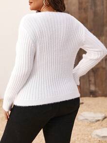 Calvaya Plus Solid V Neck Fluffy Sweater - White - View 2