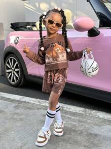 SHEIN Little Girls' Cartoon Bear Print Long Sleeve Top And Shorts Set - Brown - View 1
