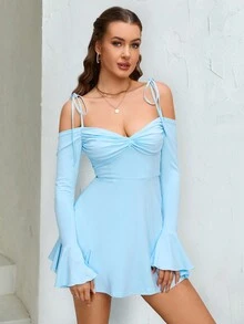 PARTHEA 露肩波浪袖褶皺胸部襯衫裙 - 薄荷藍 - 查看 5