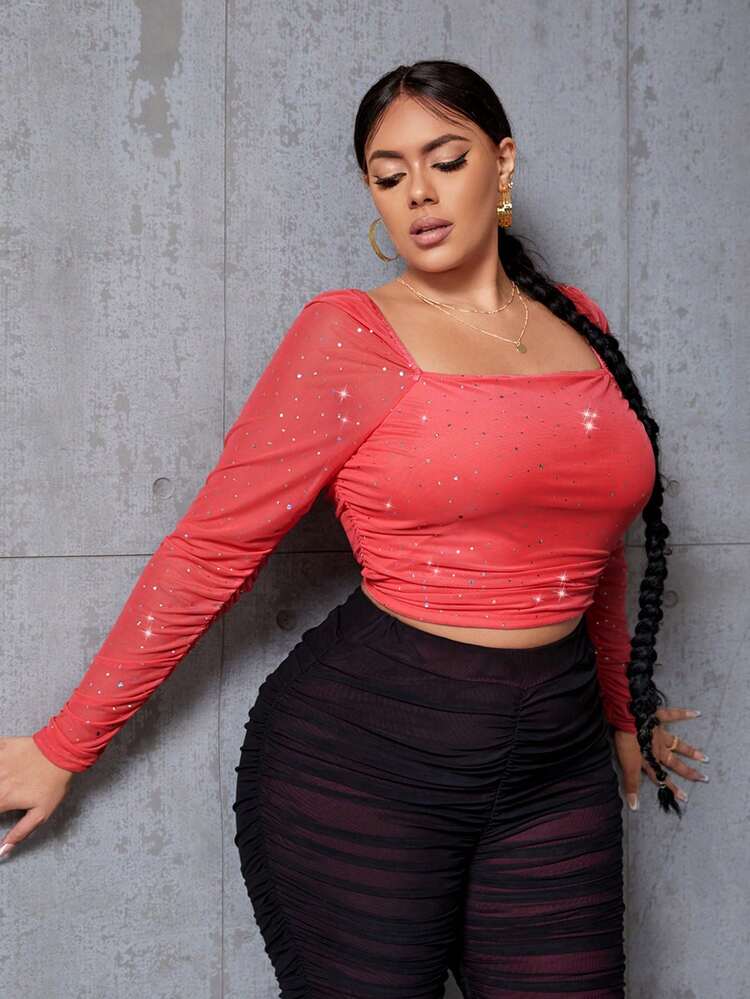 Plus Size Square Neck Long Sleeve Cropped T-Shirt