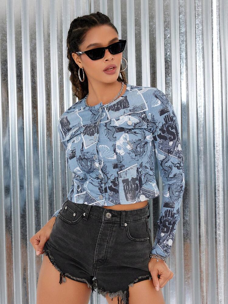 Women'S Letter Butterfly Print Denim Top