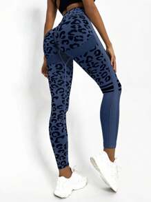 Easithlete Leopard Print Running Leggings Seamless High Stretch Tummy Control Sports Tights Yoga Women Pants - Navy Blue - View 1