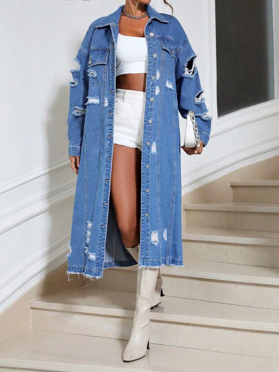 SHEIN BAE Women'S Long Denim Jacket With Distressed Details And Frayed Hem - Light Wash - View 1