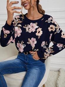 SHEIN LUNE Women's Floral Print Crew Neck Sweatshirt - Navy Blue - View 5