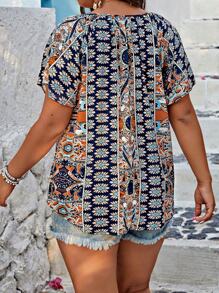 Breezaya Plus Size Random Printed Tie Front Short Sleeve Blouse, Summer - Navy Blue - View 2