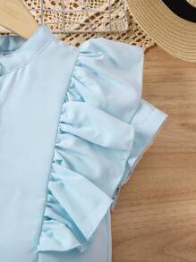 SHEIN Young Girl Little Girl's Blue Stand Collar Large Ruffle Shirt