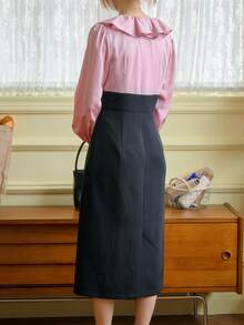 Simple Retro Patchwork Black Bow Tie Ruffle Round Neck Long Dress - Black - View 2