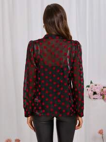 SHEIN Clasi Women's Polka Dot Print Tie Neck Organdy Shirt - Red and Black - View 3