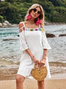 SHEIN VCAY Váy mùa hè có vai và tay loe dành cho nữ trong kỳ nghỉ đi biển - trắng - Xem 1