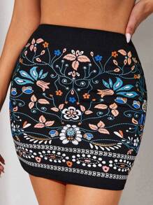 SHEIN Tall Floral Print Bodycon Skirt - Multicolor - View 1