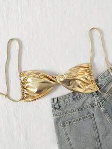 SHEIN Swim Áo bơi xoắn kim loại cho nữ - Vàng - Xem 5