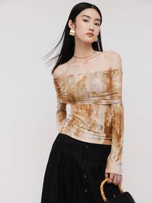 Tie Dye Off Shoulder Mesh Top - Gold - View 7