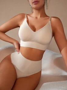 女款純色無縫內衣套裝 - 杏色 - 查看 3