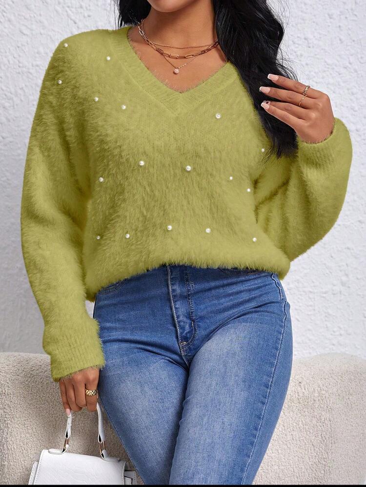 V-Neck Faux Pearl Beaded Batwing Sleeve Knit Pullover Fall Winter Sweater